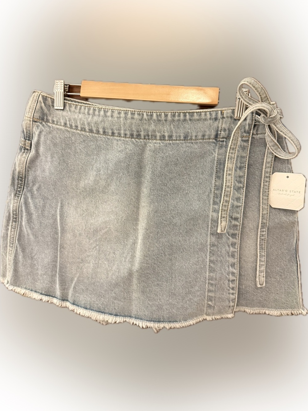 Altard State Light Wash Denim Wrap Mini Skirt